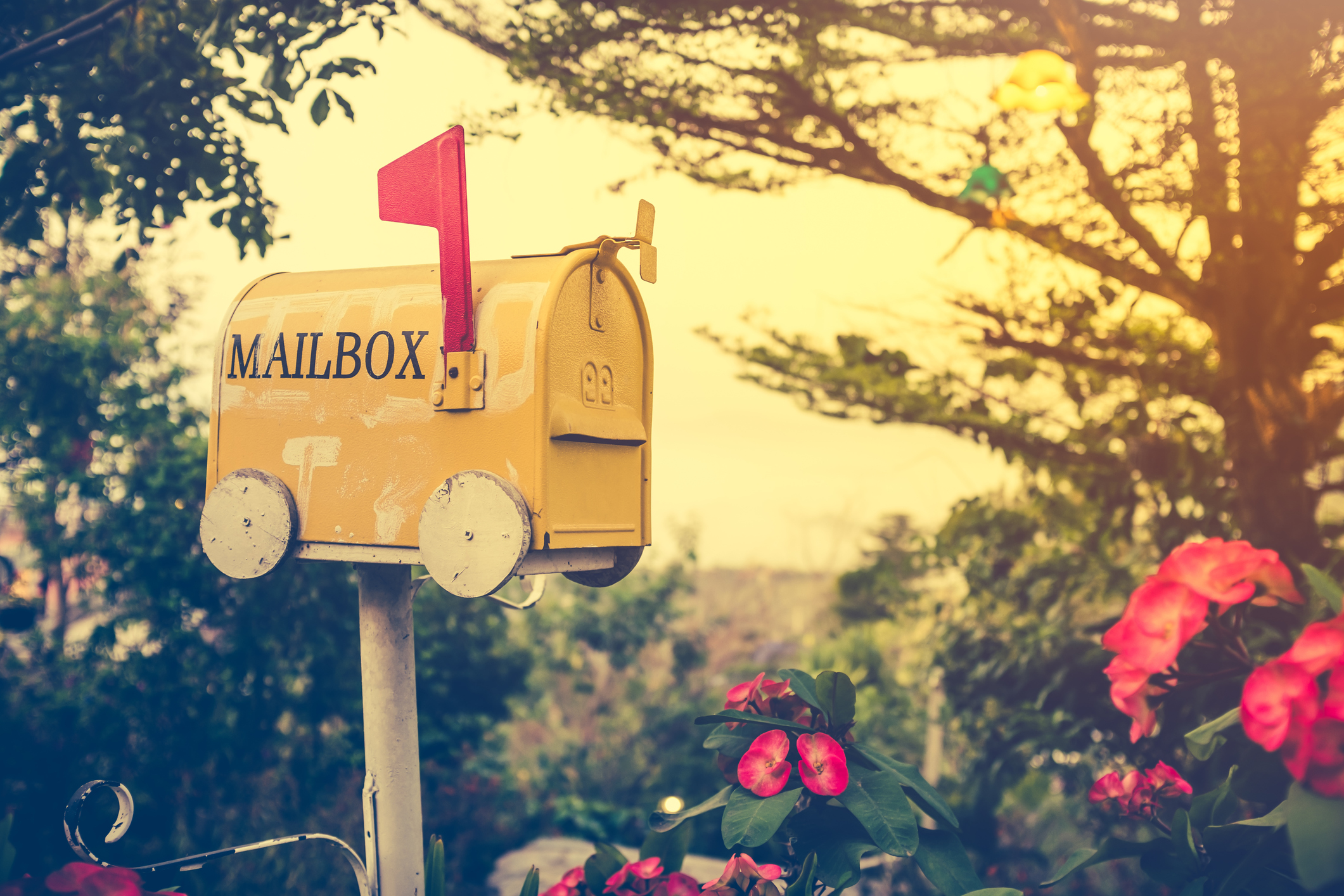 Yellow stained metal mailbox has red flag raised up.