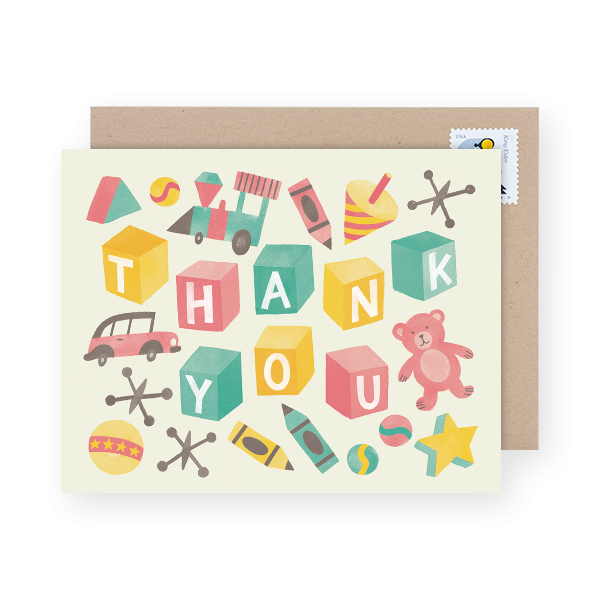 vintage toys illustration on a baby shower thank you card
